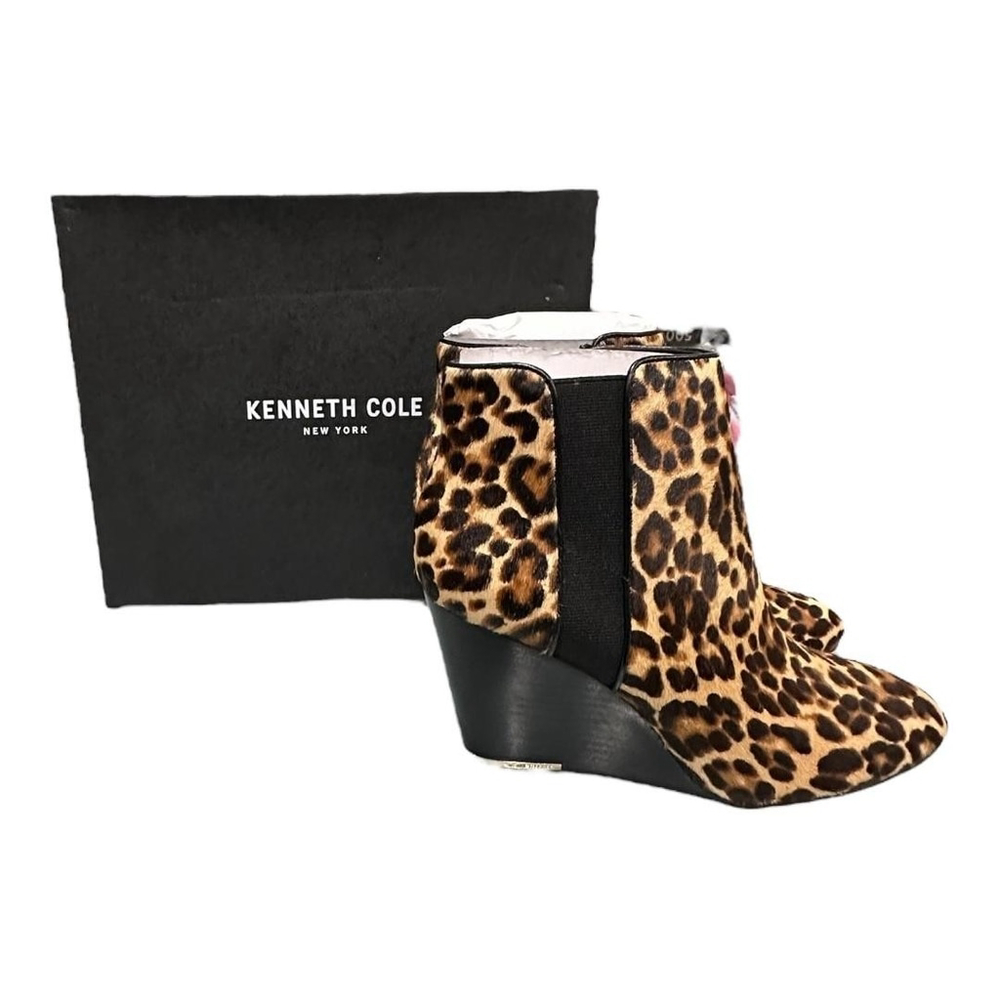 Kenneth Cole Merrick Wedge Boots Womens Size 8.5 Brown Leopard Ankle Booties